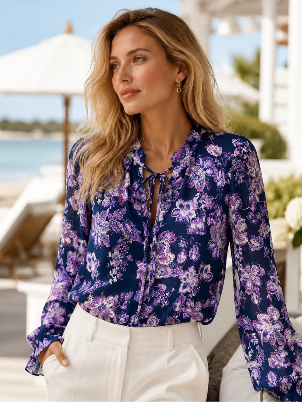 LOFT Navy Purple Floral Ruffle Tie Neck Blouse Long Sleeve Romantic Boho NWOT